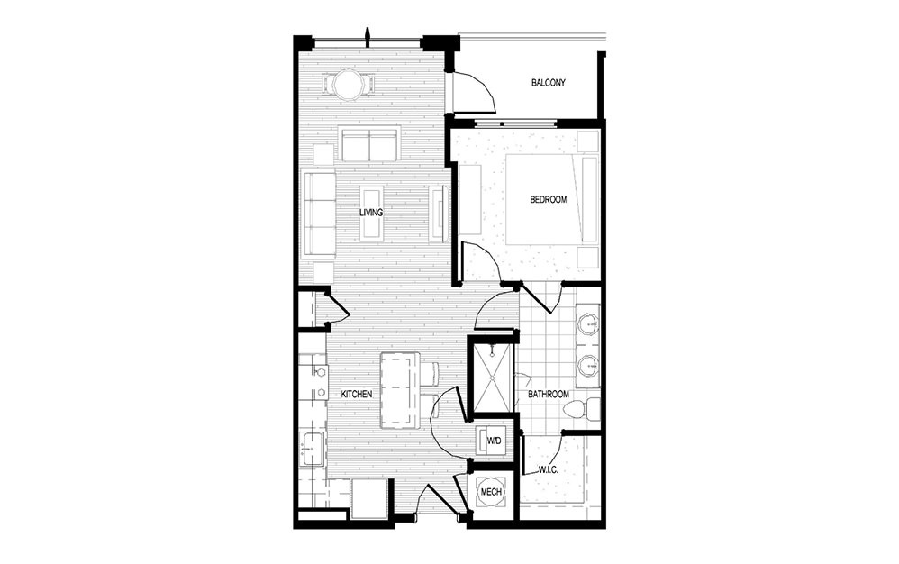A13 - 1 bedroom floorplan layout with 1 bath and 726 square feet.